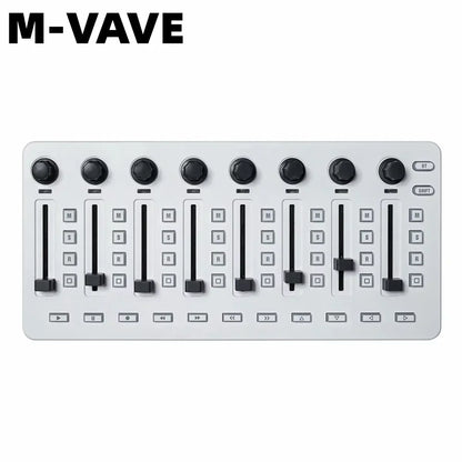 White m-vave smk-25 ii midi pad controller keyboard with black knobs sliders buttons for music production use
