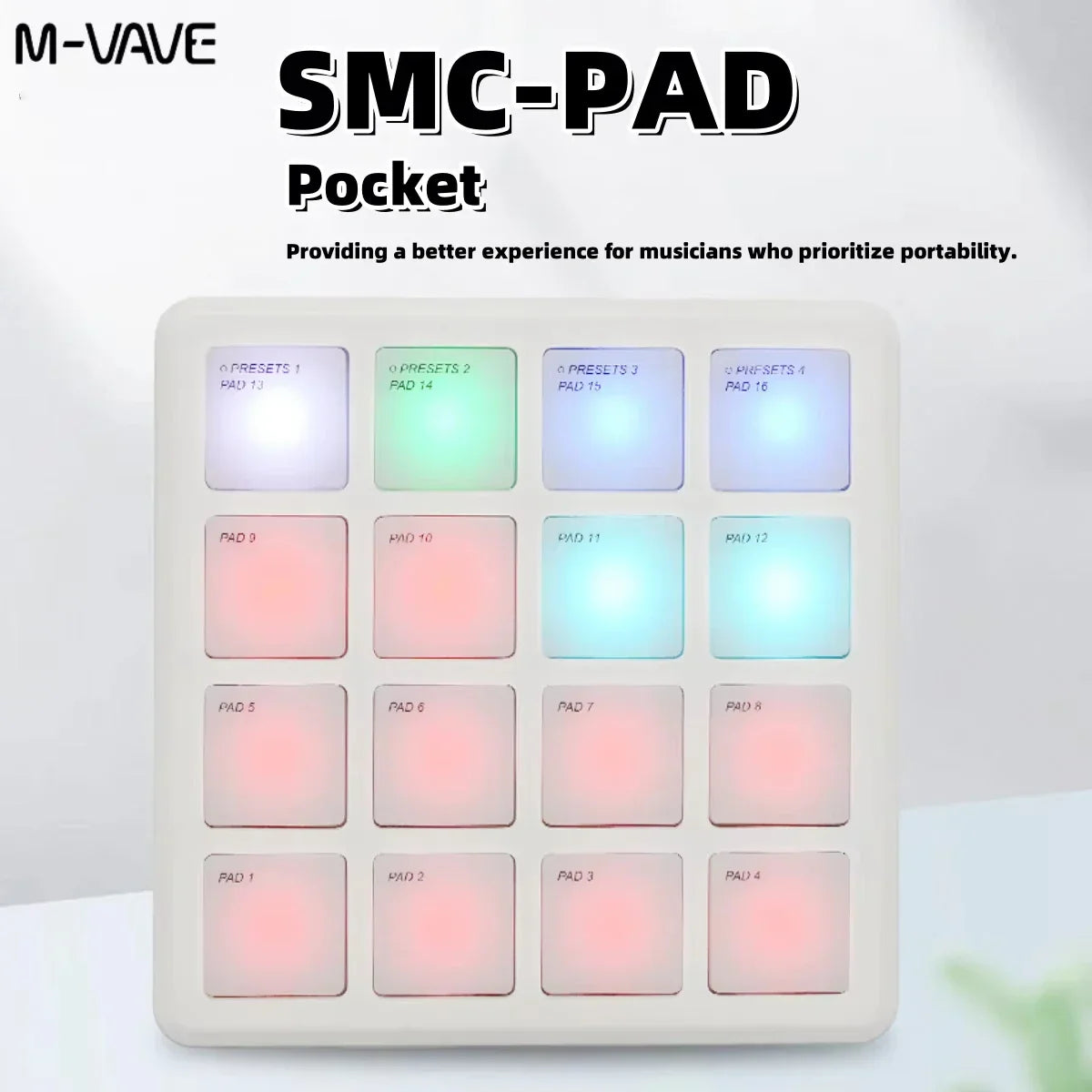 M-vave smk-25 ii midi pad controller keyboard white compact with 16 pink and blue rgb backlit pads for music production