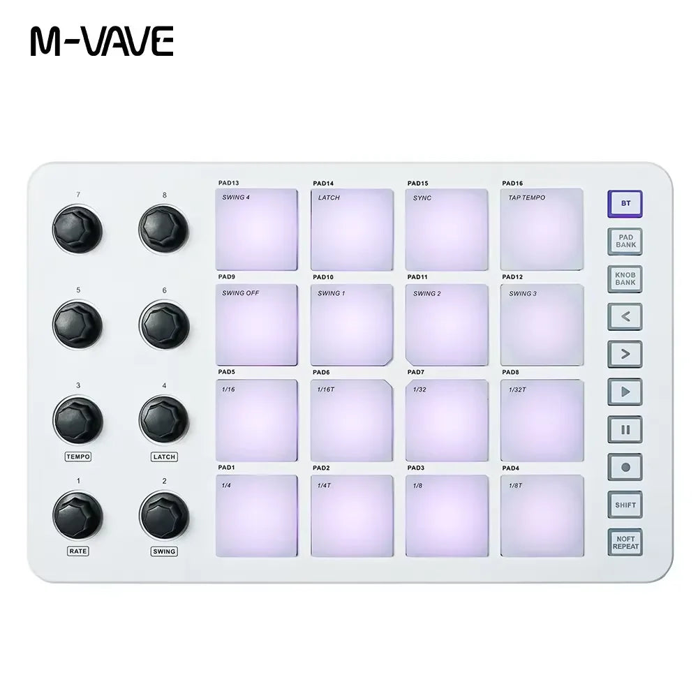 White m-vave smk-25 ii midi pad controller keyboard with black knobs and illuminated purple pads for music production