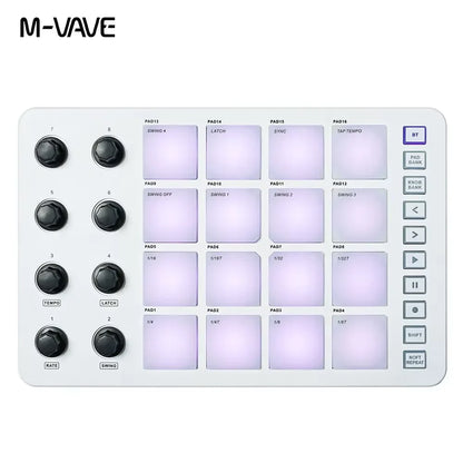 White m-vave smk-25 ii midi pad controller keyboard with black knobs and illuminated purple pads for music production