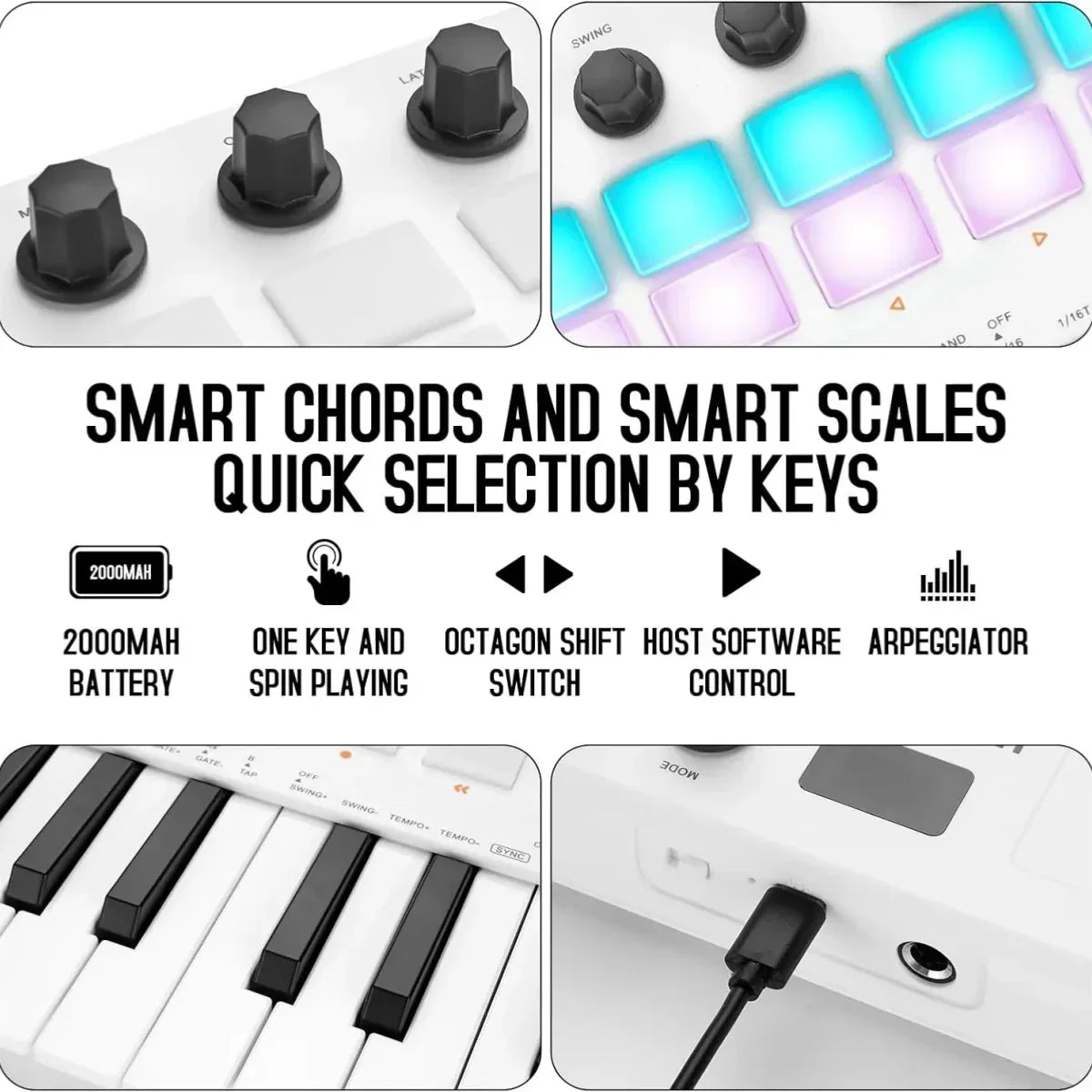 White smk-25 ii midi pad controller keyboard with 24 keys, black octagonal knobs, rgb pads, and built-in 2000mah battery