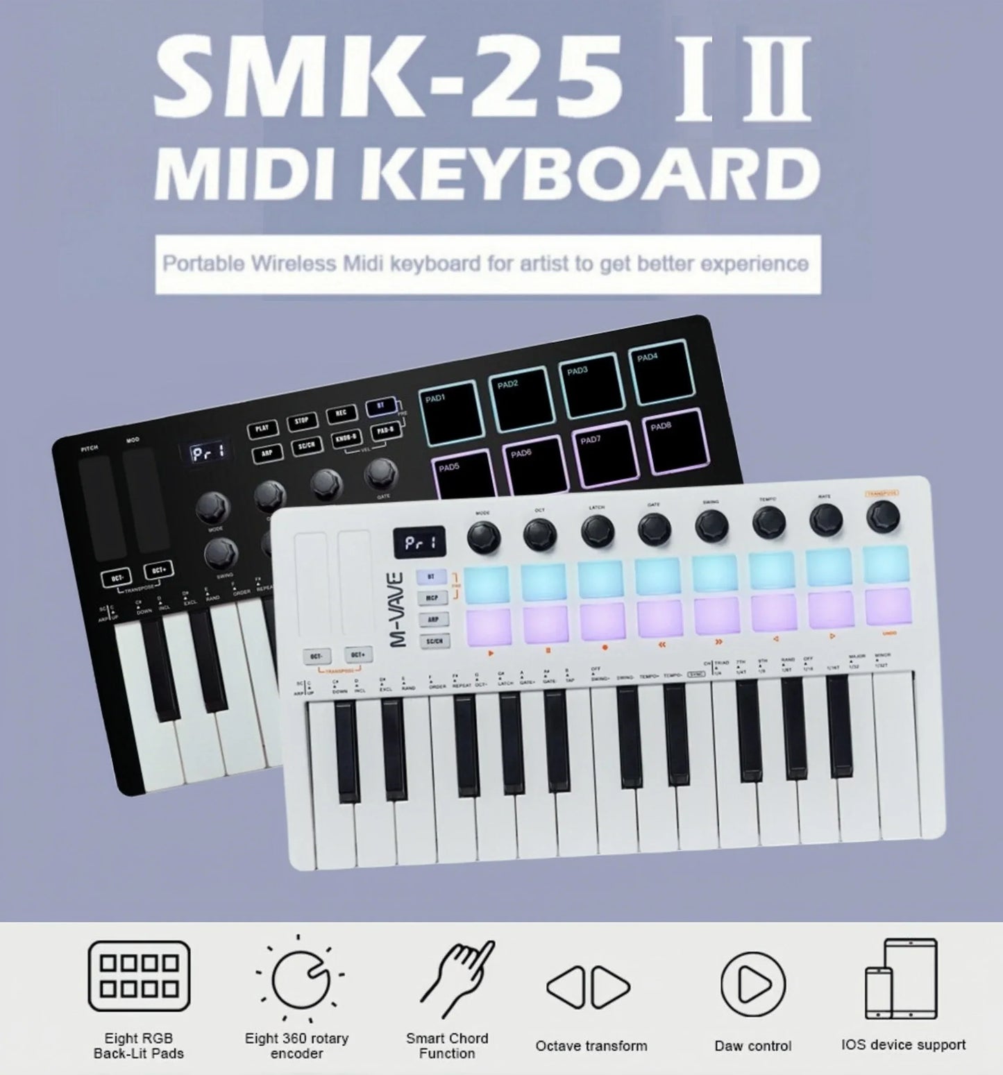 White and black m-audio smk-25 ii midi pad controller keyboard with rgb backlit pads for music production