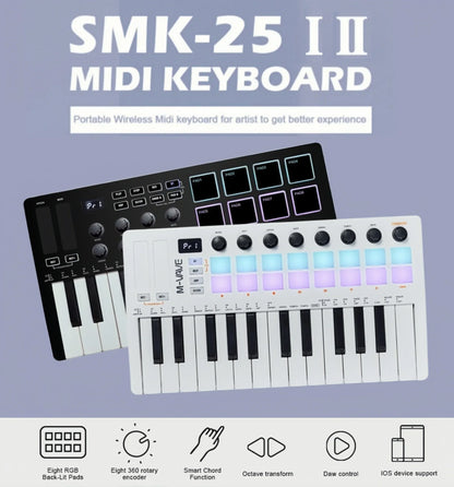 White and black m-audio smk-25 ii midi pad controller keyboard with 16 rgb drum pads and 8 knobs for music production