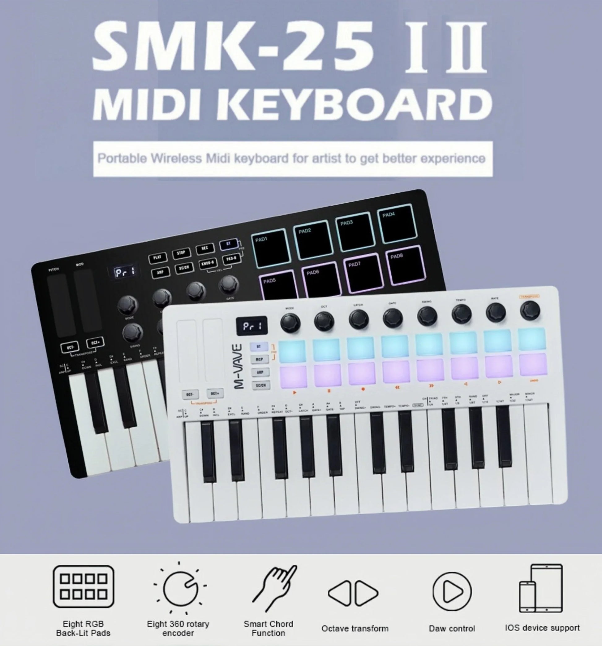White and black m-audio smk-25 ii midi pad controller keyboard with 16 rgb drum pads and 8 knobs for music production