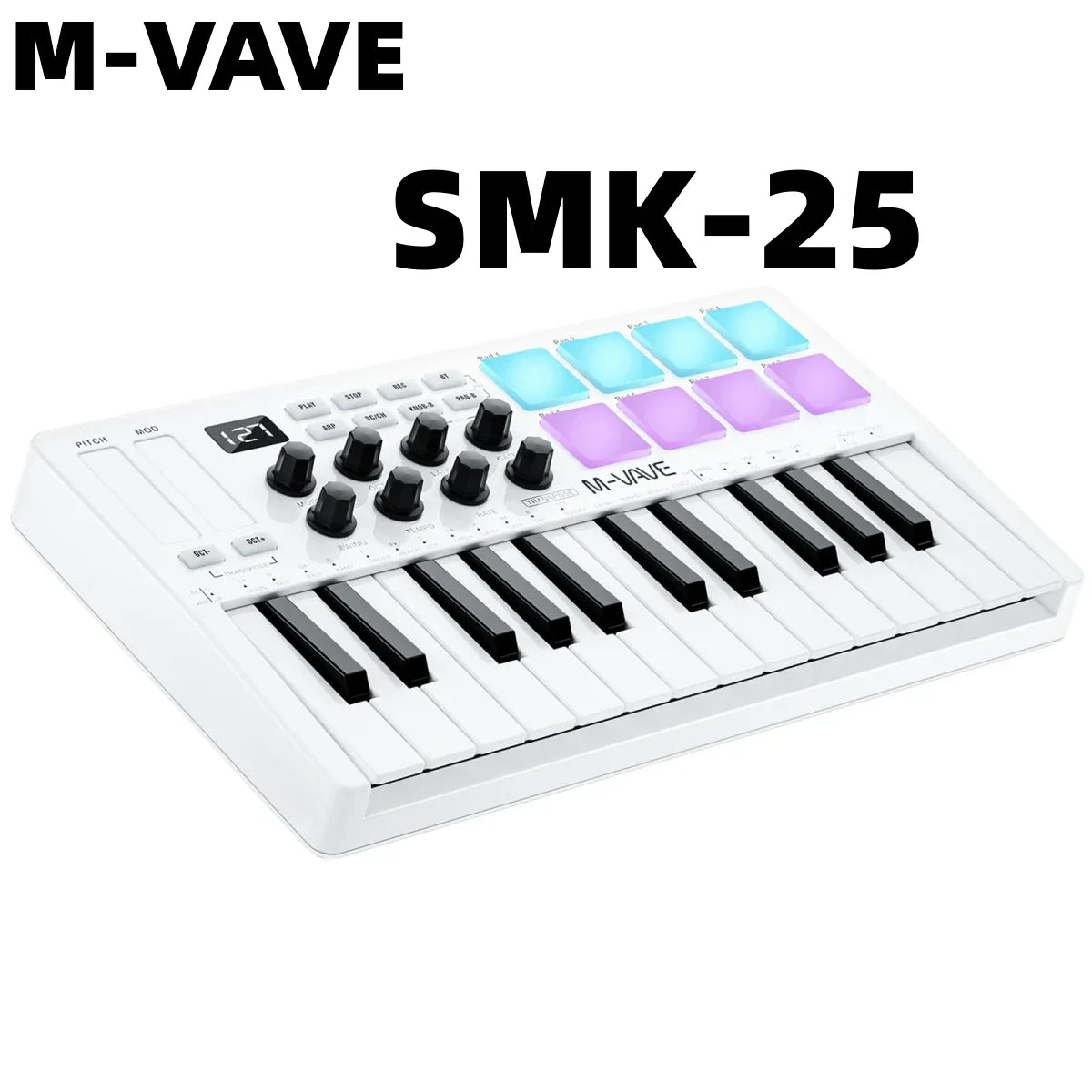 White m-vave smk-25 ii midi pad controller keyboard with 25 keys and 16 colorful rgb drum pads for music production