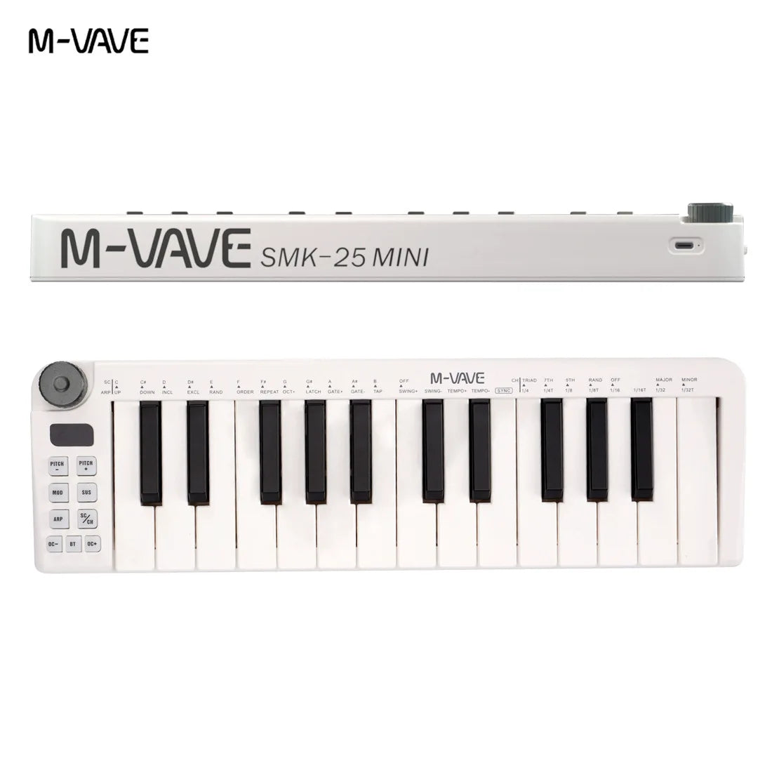 White m-vave smk-25 ii midi pad controller keyboard with 25 mini keys, 16 rgb drum pads, and 8 control knobs