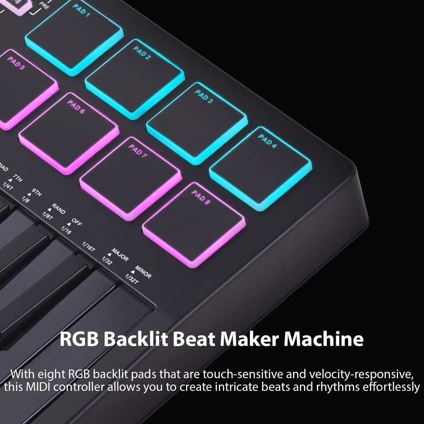 Black midi keyboard controller with eight rgb backlit drum pads in cyan and magenta for pads beats maker use