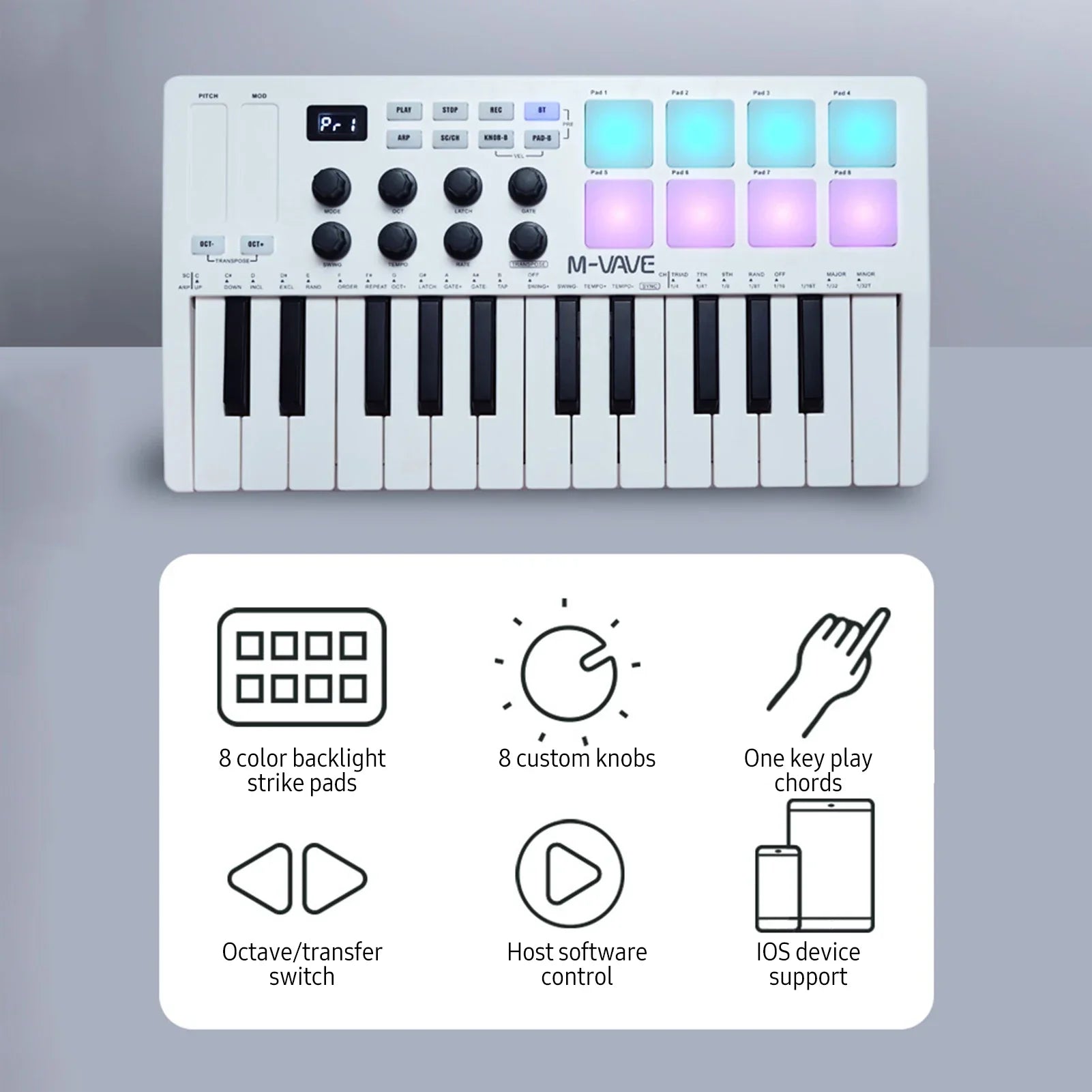 White M-VAVE midi controller with black piano-style keys and rgb backlit drum pads beats maker keyboard strike pad