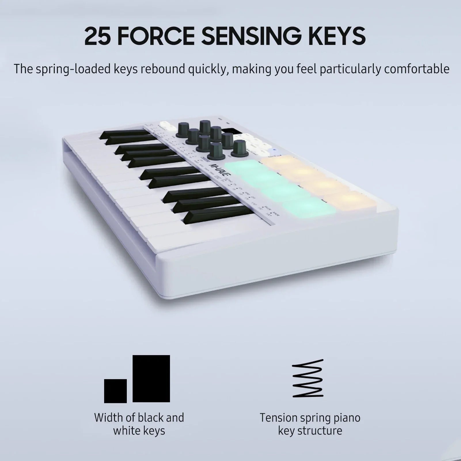 White m-vave smk-25 midi keyboard controller with 25 force-sensing keys and rgb backlit drum pads beats maker