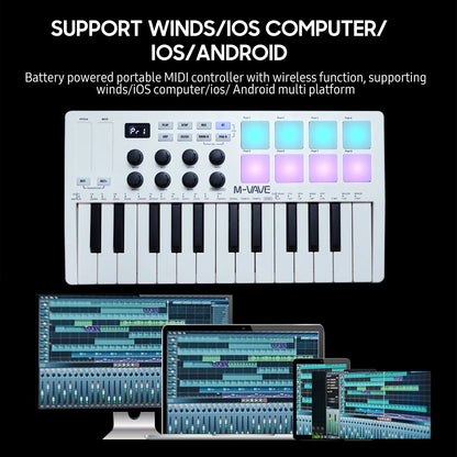 White m-wave portable midi keyboard controller with 25 keys and rgb backlit drum pads beats maker strike pad