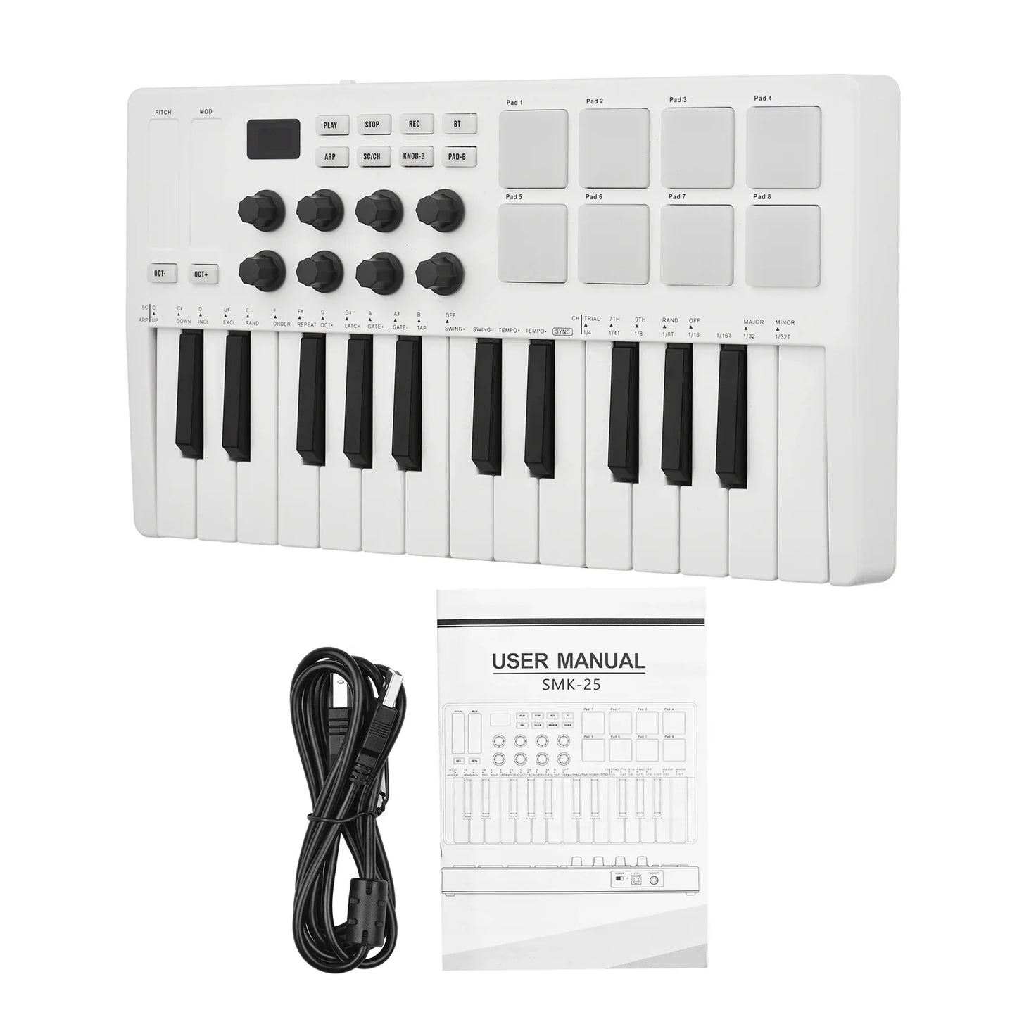 White m-vave smk-25 midi keyboard strike pad with black keys and rgb backlit drum pads beats maker for music production