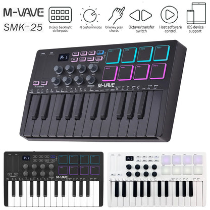Black M-VAVE SMK-25 midi keyboard controller with 25 keys 8 rgb backlit drum pads and custom knobs for beats maker music