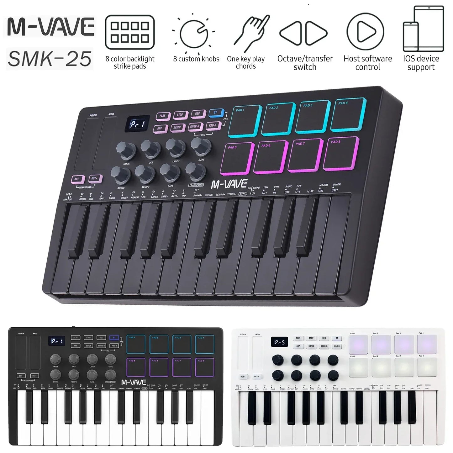 Black m-vave smk-25 midi keyboard controller with 25 keys and colorful rgb backlit drum pads beats maker design