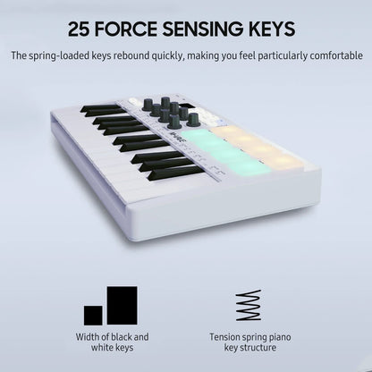 White m-vave smk-25 midi keyboard controller with 25 force-sensing keys and rgb backlit drum pads for beats maker music