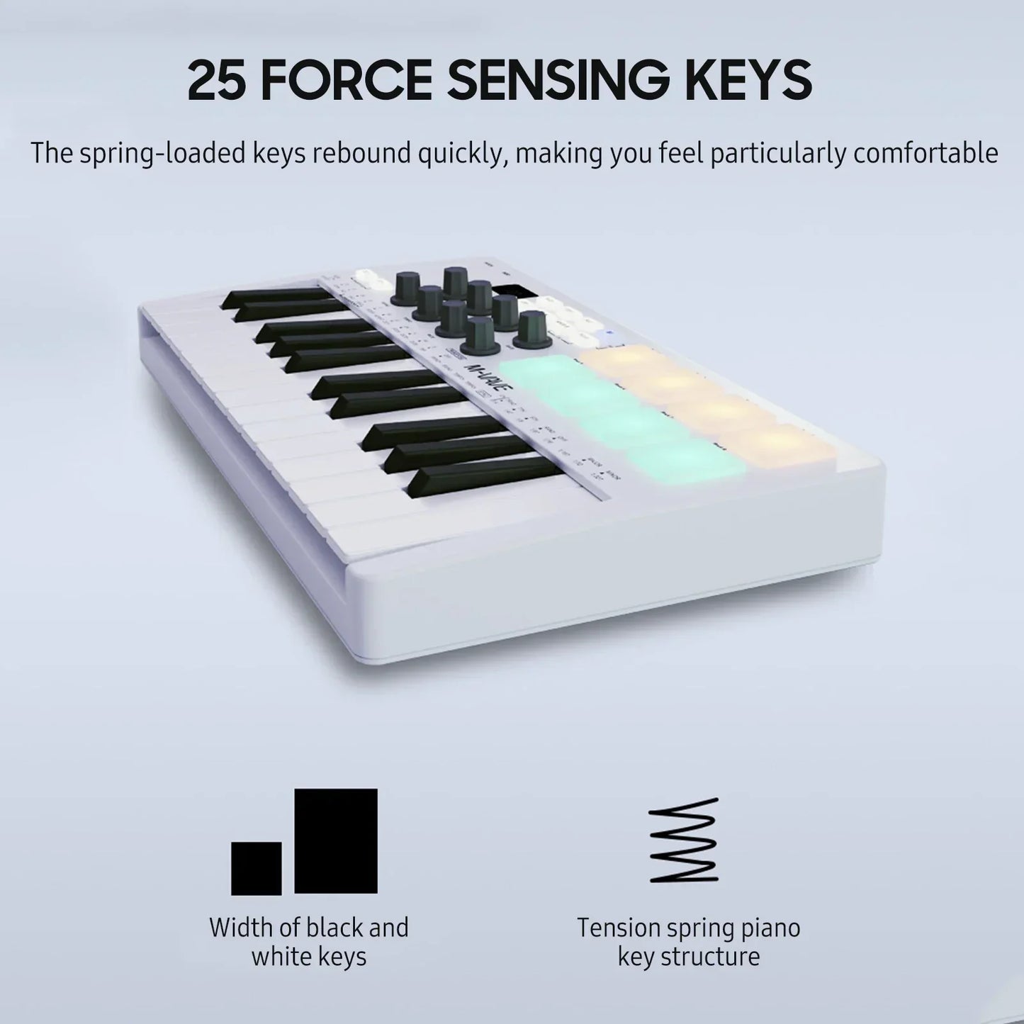 White m-vave smk-25 midi keyboard controller with 25 force-sensing keys and rgb backlit drum pads beats maker