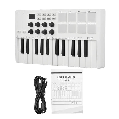White smk-25 midi keyboard controller with 25 keys and rgb backlit drum pads beats maker for music production