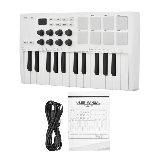 White smk-25 midi keyboard controller with 25 keys and rgb backlit drum pads beats maker for music production