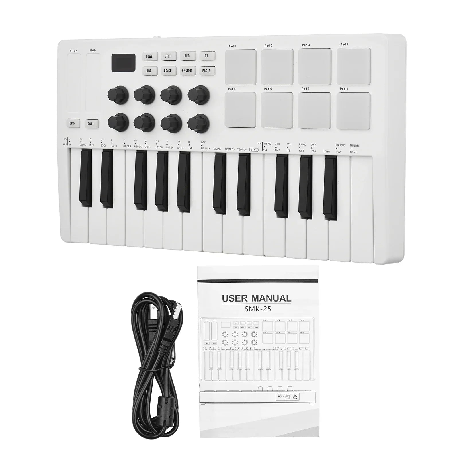 White smk-25 midi keyboard controller with black keys and rgb backlit drum pads for beats maker music production