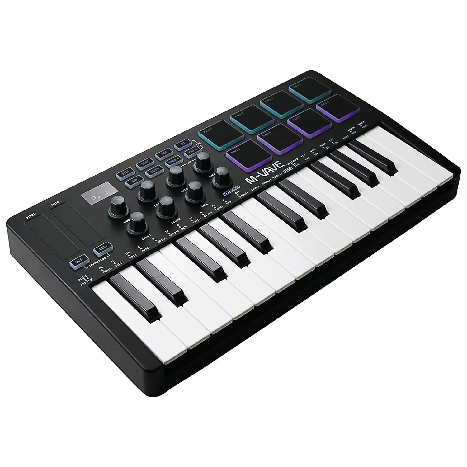 Black m-audio midi keyboard controller with 25 velocity sensitive keys, backlit drum pads, and wireless piano keyboard features