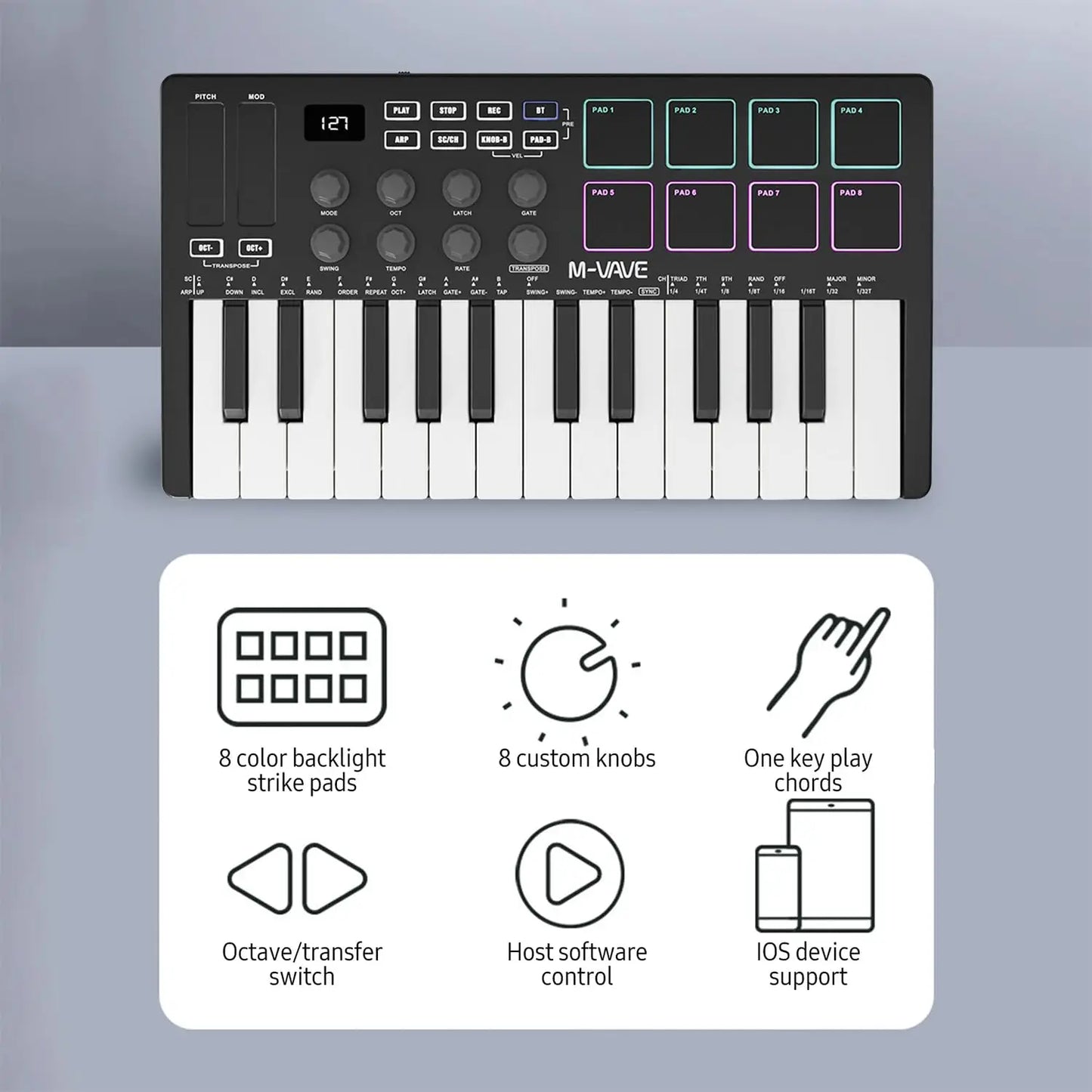 Black m-vave midi keyboard controller with 25 white velocity sensitive keys and colorful backlit drum pads wireless piano keyboard