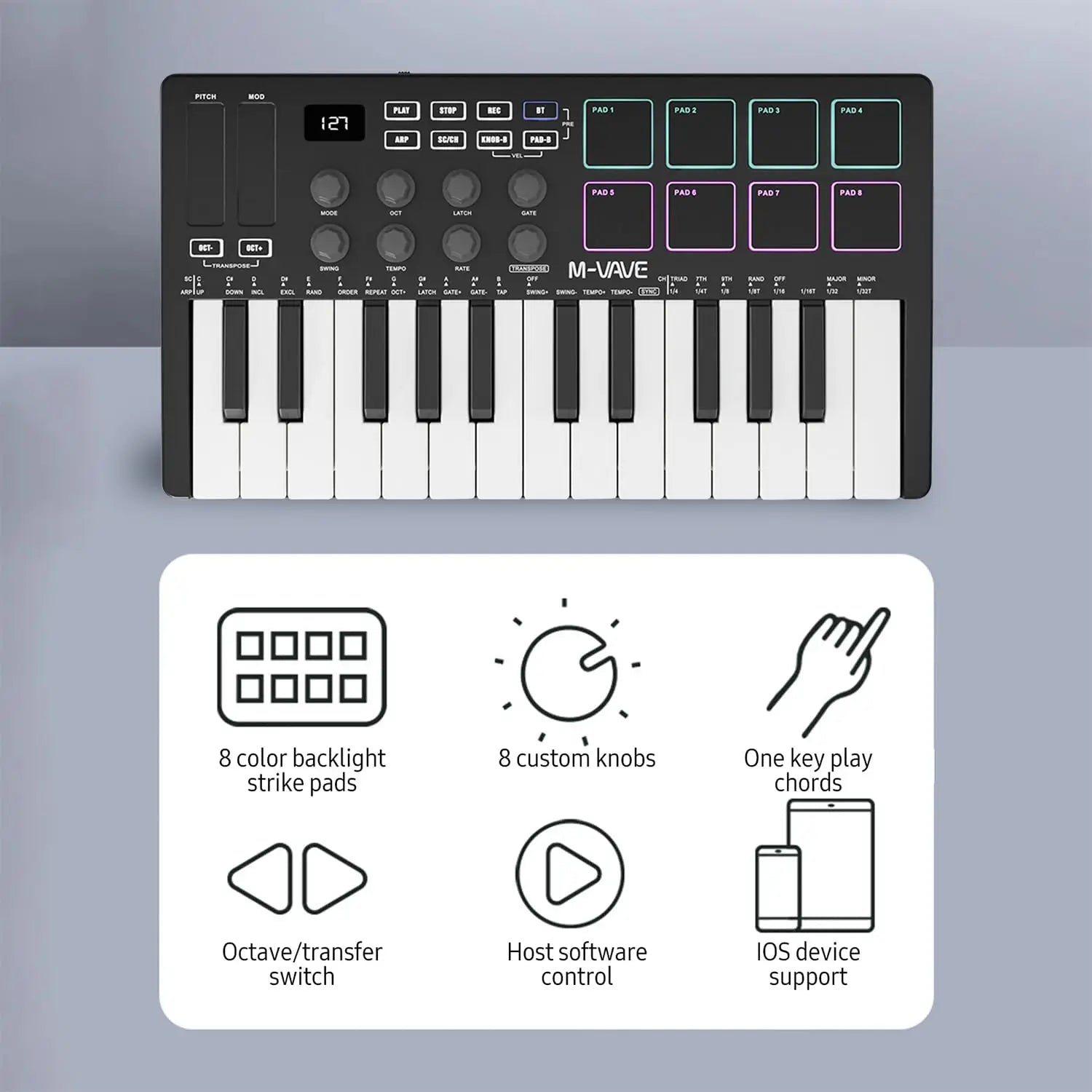 Black m-vave midi keyboard controller with 25 white velocity sensitive keys and colorful backlit drum pads wireless piano keyboard