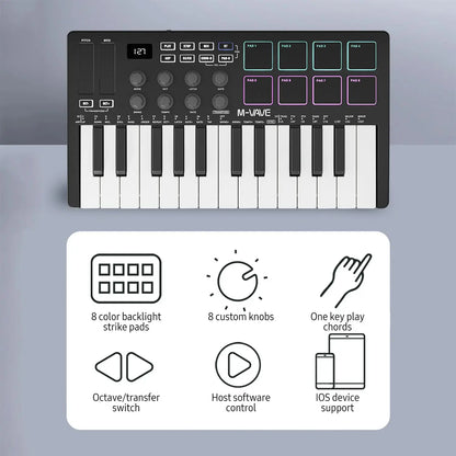 Black m-vave midi keyboard controller with 25 white velocity sensitive keys and colorful backlit drum pads wireless piano keyboard