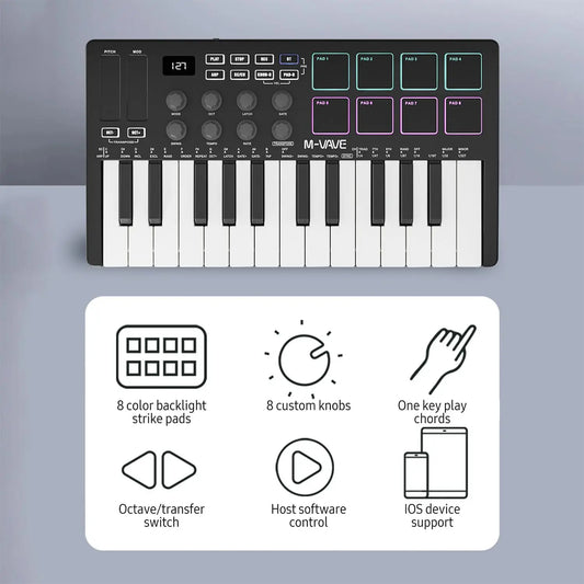 Black m-vave midi keyboard controller with 25 white velocity sensitive keys and colorful backlit drum pads wireless piano keyboard