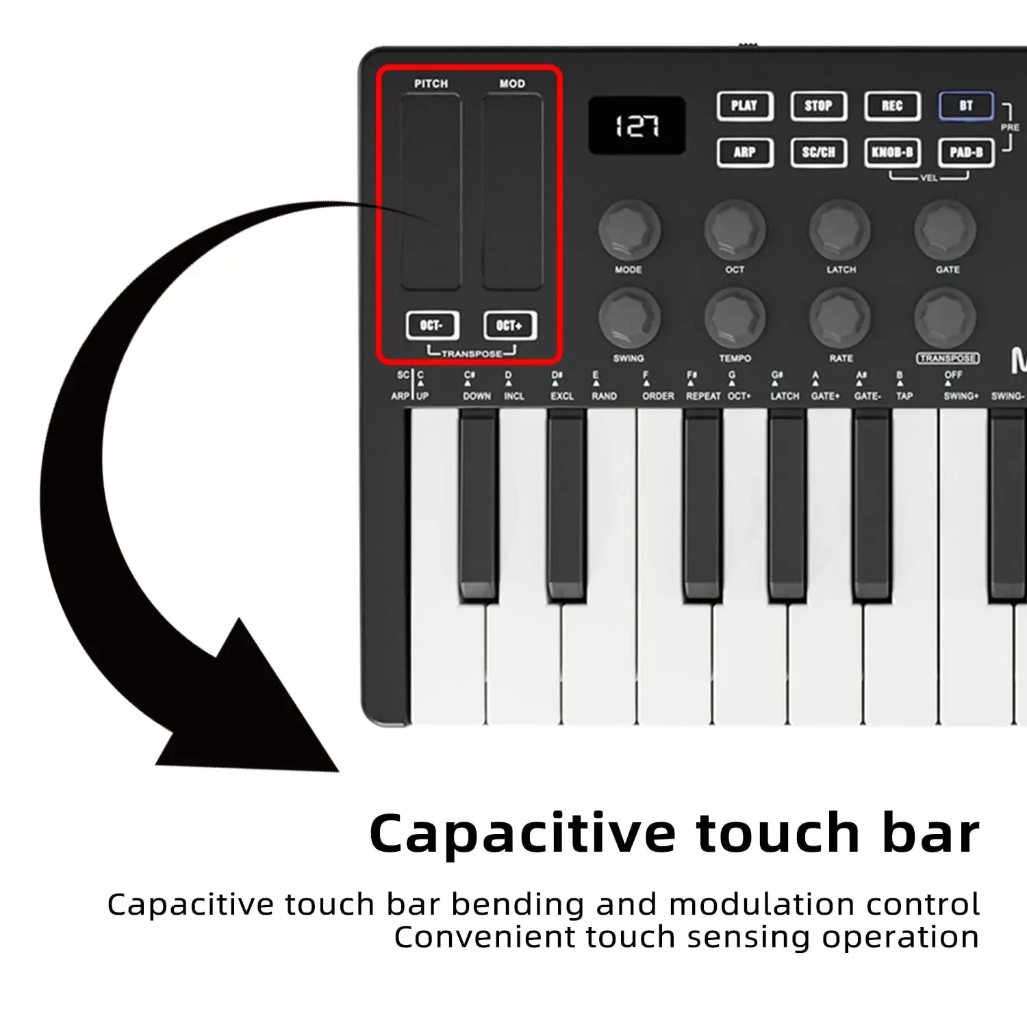 Black and white M-VAVE SMK-25 midi keyboard controller with 25 velocity sensitive keys and backlit drum pads wireless piano keyboard