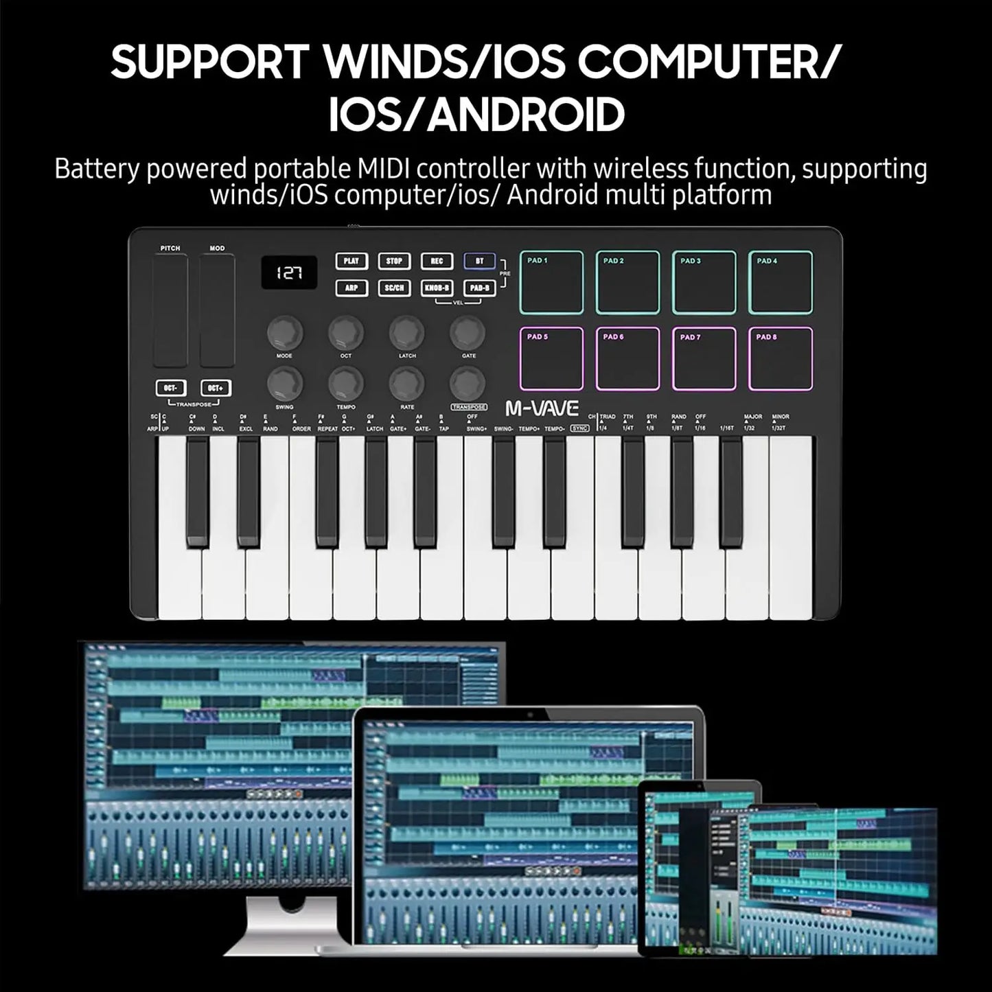 Black and white m-vave smk-25 midi keyboard controller with 25 velocity sensitive keys and wireless piano keyboard