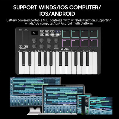 Black and white m-vave smk-25 midi keyboard controller with 25 velocity sensitive keys and wireless piano keyboard