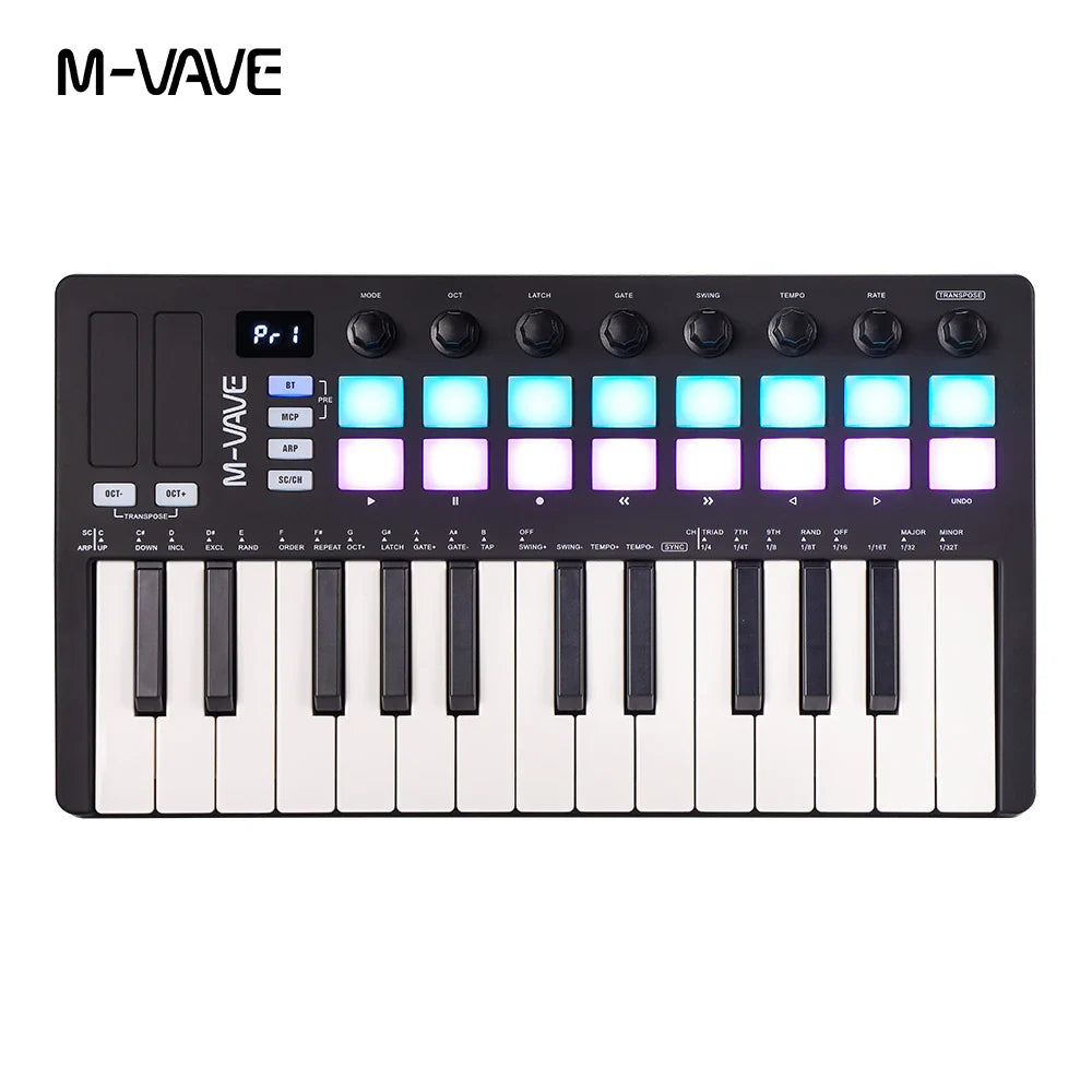 Black m-vave midi pad controller with 25 keys, rgb drum pads, 8 knobs, and rechargeable design for music production
