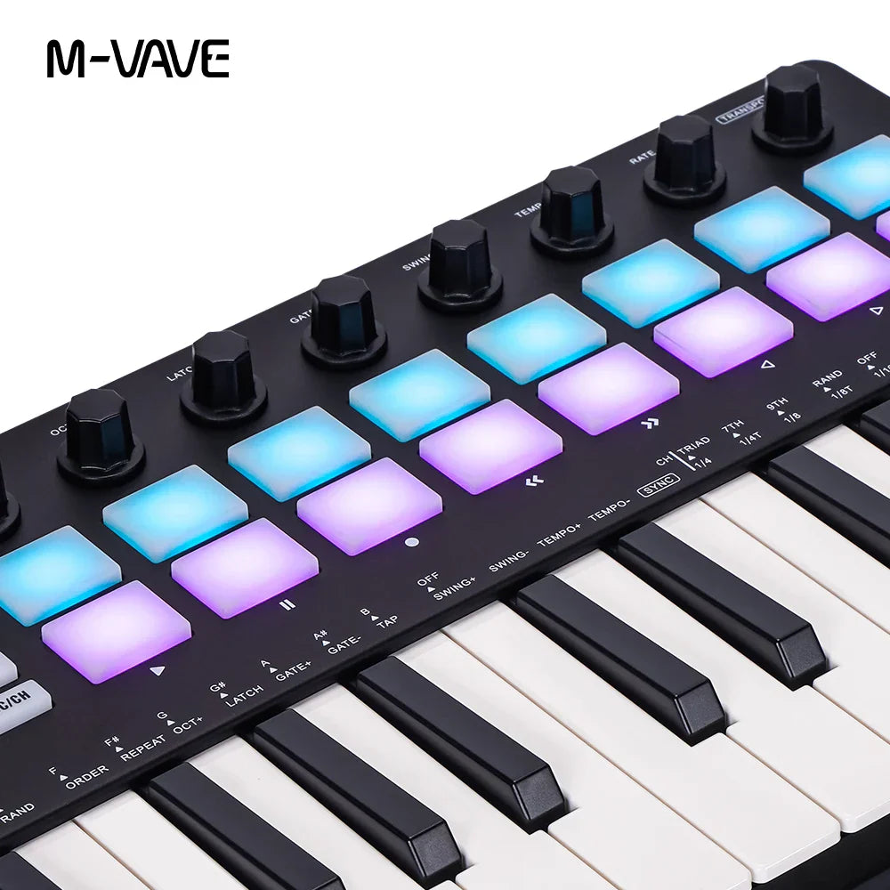 Black m-vave midi pad controller rechargeable keyboard with 16 rgb drum pads 25 keys and 8 knobs for music production