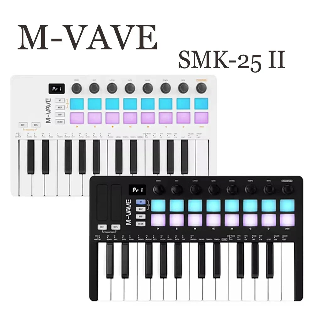 M-vave smk-25 ii midi pad controller rechargeable keyboard with white and black models and rgb drum pads illuminated blue and purple