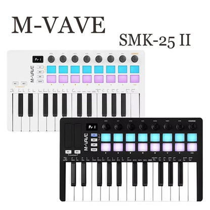 M-vave smk-25 ii midi pad controller rechargeable keyboard with white and black models and rgb drum pads illuminated blue and purple