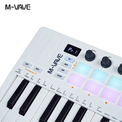 White m-vave midi pad controller rechargeable keyboard with black keys and illuminated rgb drum pads for music production