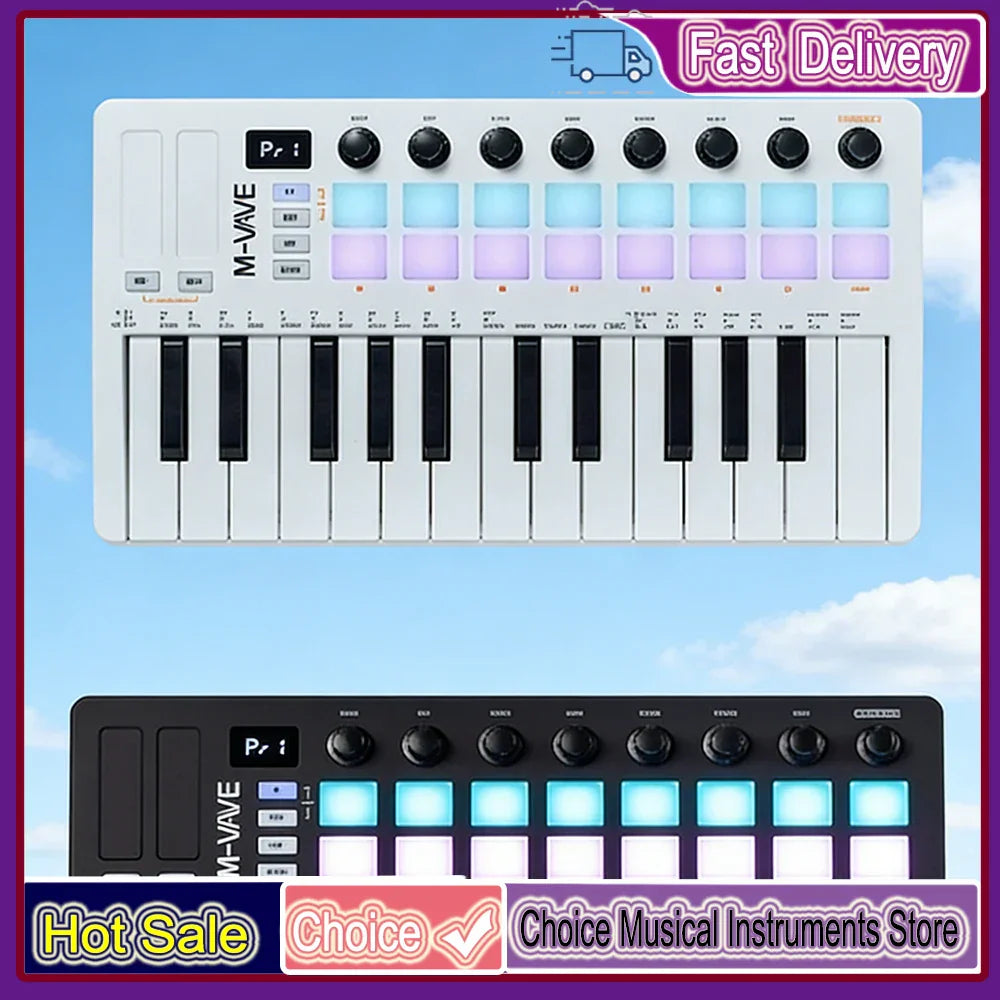 White and black m-audio m-vave smk-25 midi pad controller with rgb drum pads rechargeable keyboard and knobs