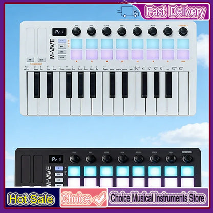 White and black m-audio m-vave smk-25 midi pad controller with rgb drum pads rechargeable keyboard and knobs