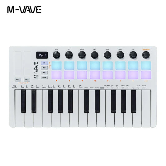 White m-vave midi pad controller rechargeable keyboard with black keys and illuminated rgb drum pads in light blue and purple