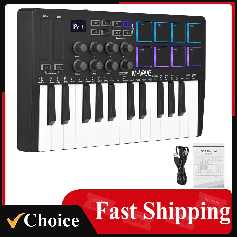 Black m-vave smk-30 usb midi keyboard with white and black keys, backlit drum pads, and multiple knobs for music production