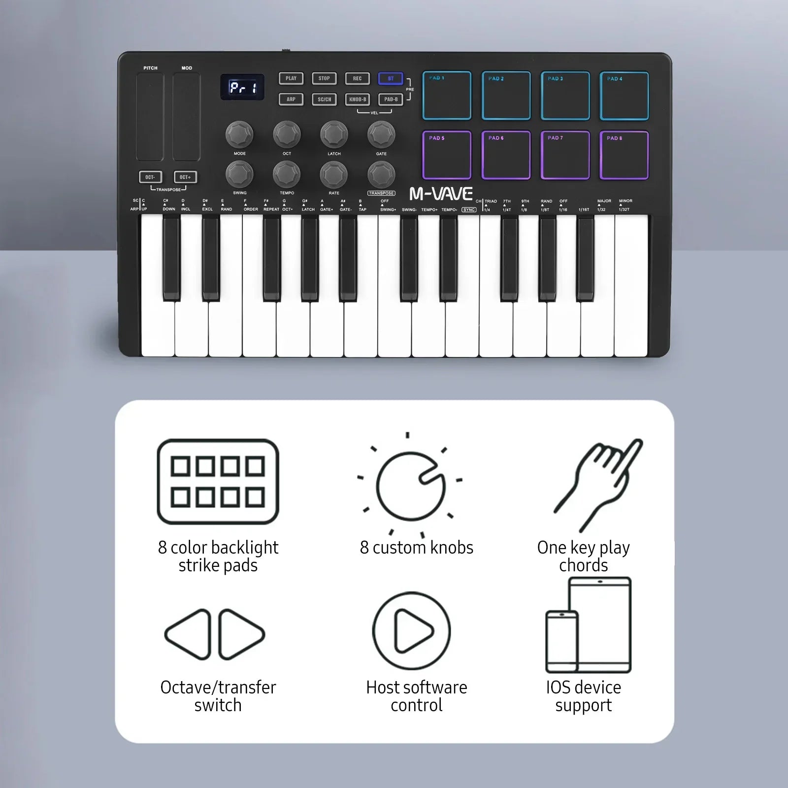 Black m-vave smk-25 mini usb midi keyboard with white keys and colorful backlit drum pads and knobs