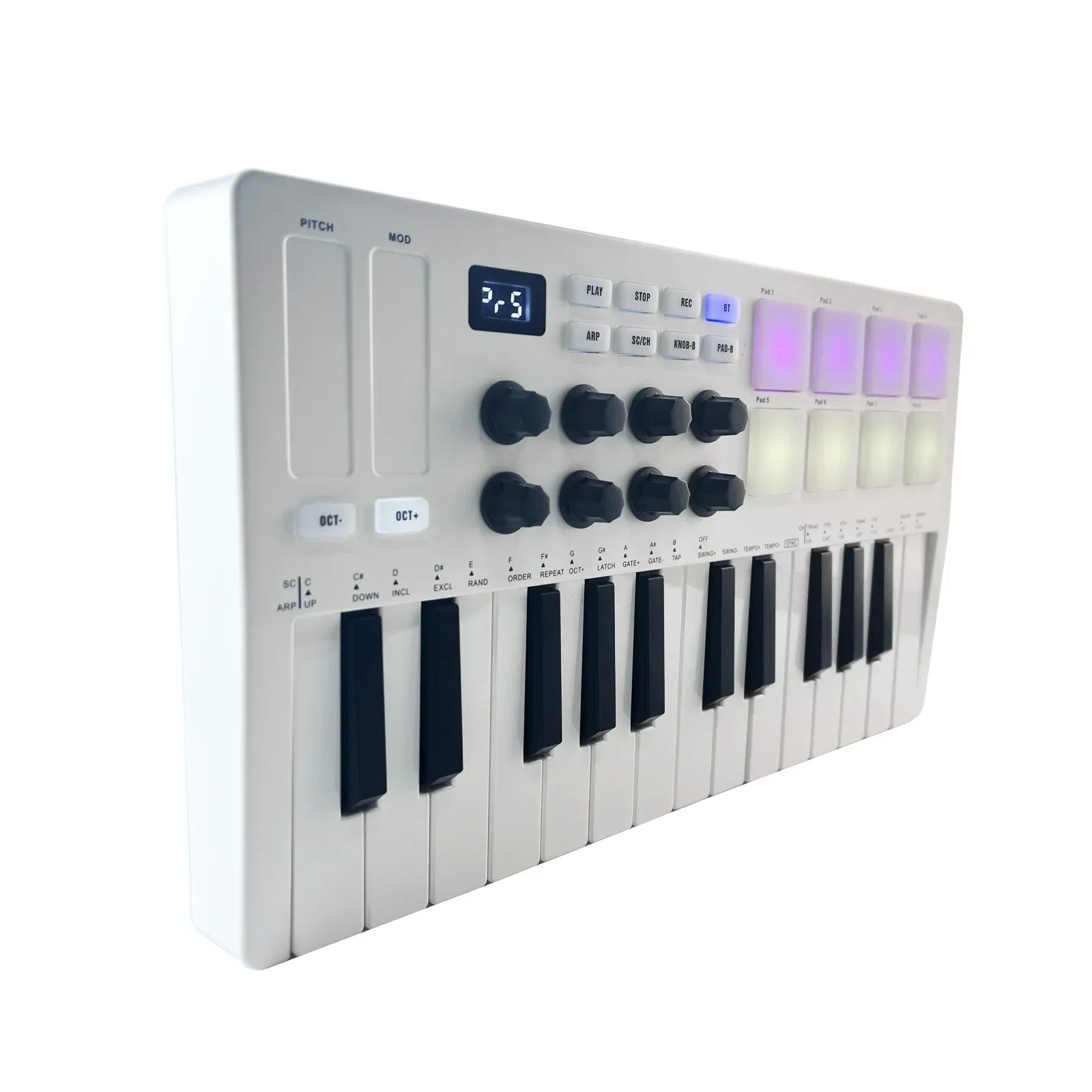 White M-vave SMK-25 midi controller with black keys, illuminated purple backlit drum pads, 8 knobs, and touch stripes