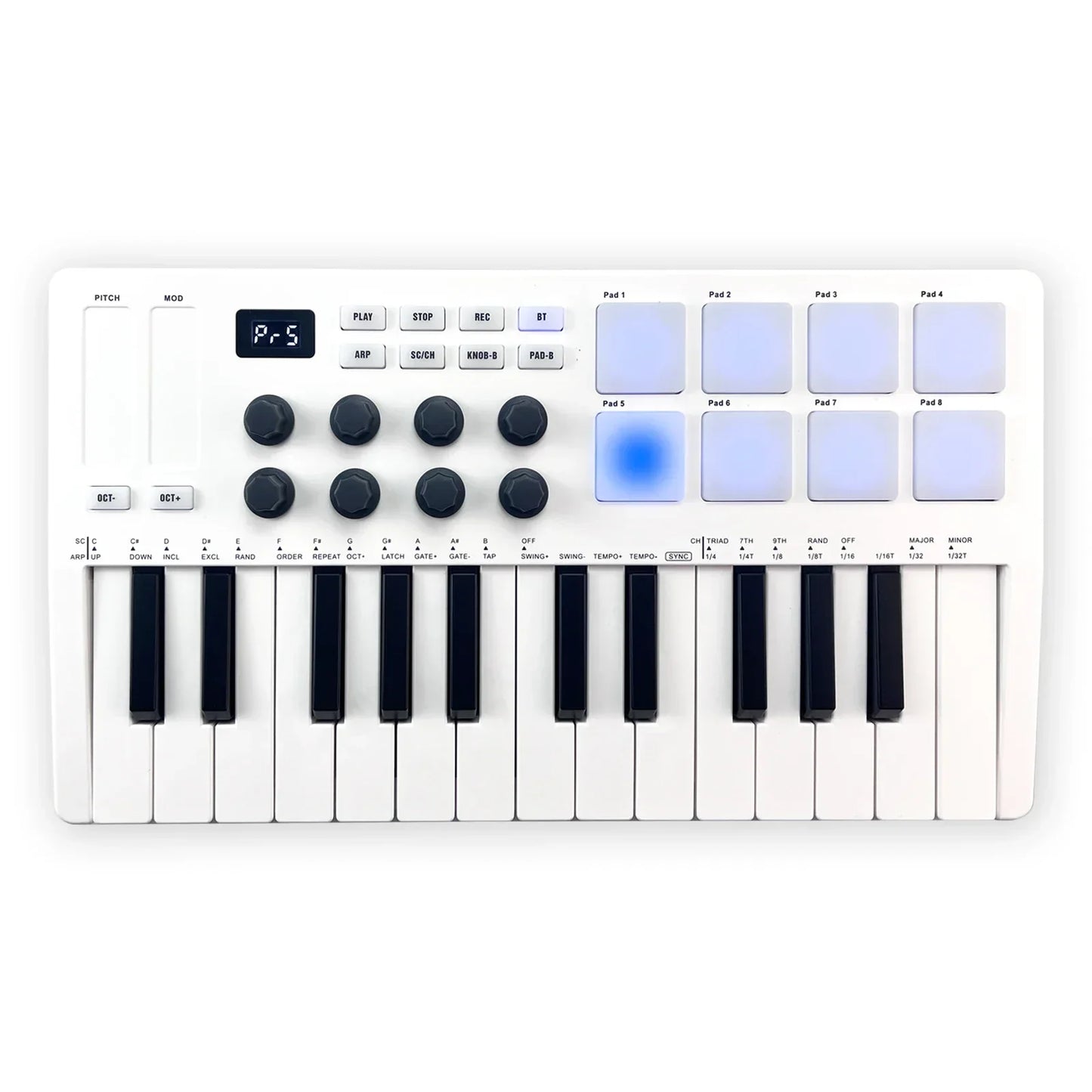 White p-5 midi controller usb midi keyboard with black keys, backlit drum pads, and touch stripes for music production