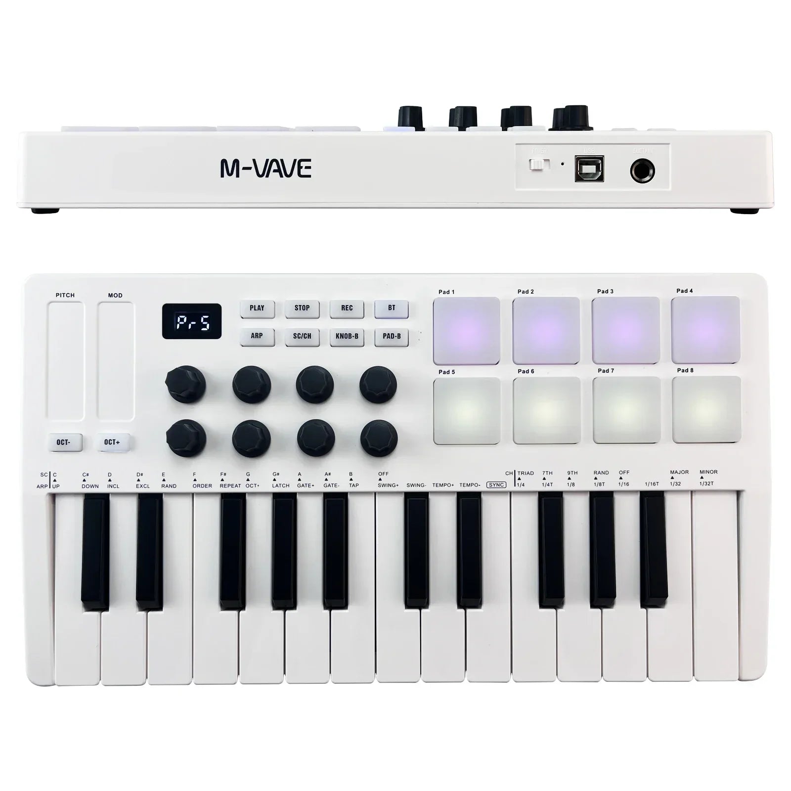 White m-wave midi controller usb midi keyboard with black keys illuminated backlit drum pads and touch stripes
