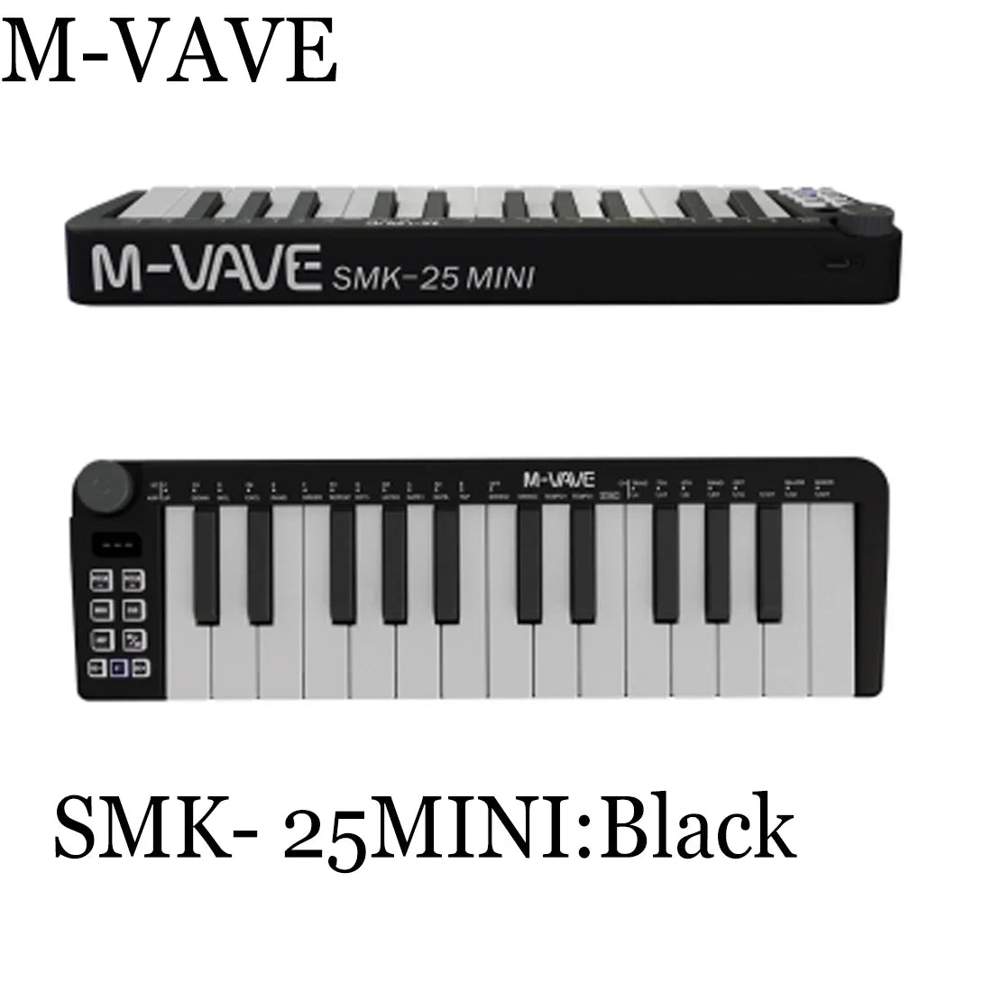 Black m-vave smk-25 mini 25-key midi controller keyboard usb with rgb drum pads and 8 knobs for music production