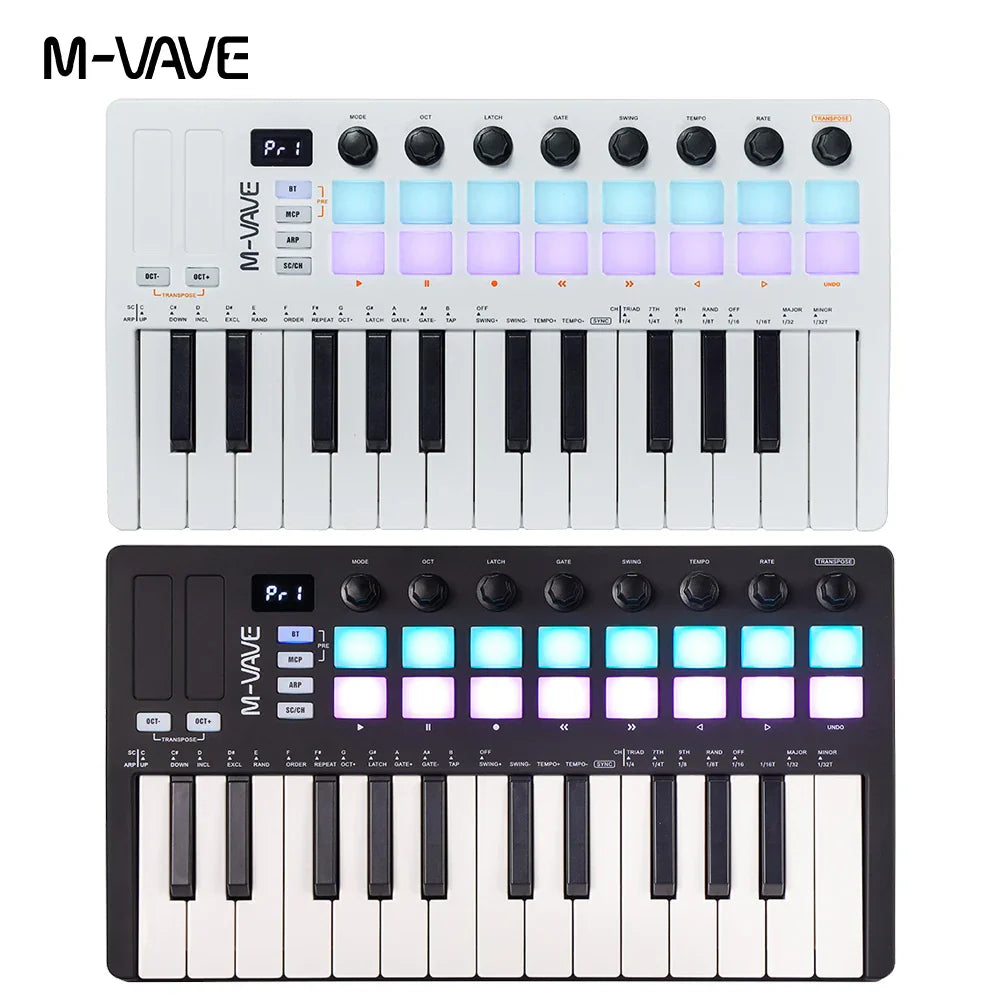 White and black m-vave smk-25 controller keyboard usb with 25 keys and 16 rgb drum pads for music production