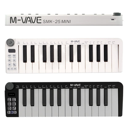 White and black m-vave smk-25 controller keyboard usb with 25 keys rotary encoder and rgb drum pads for music production