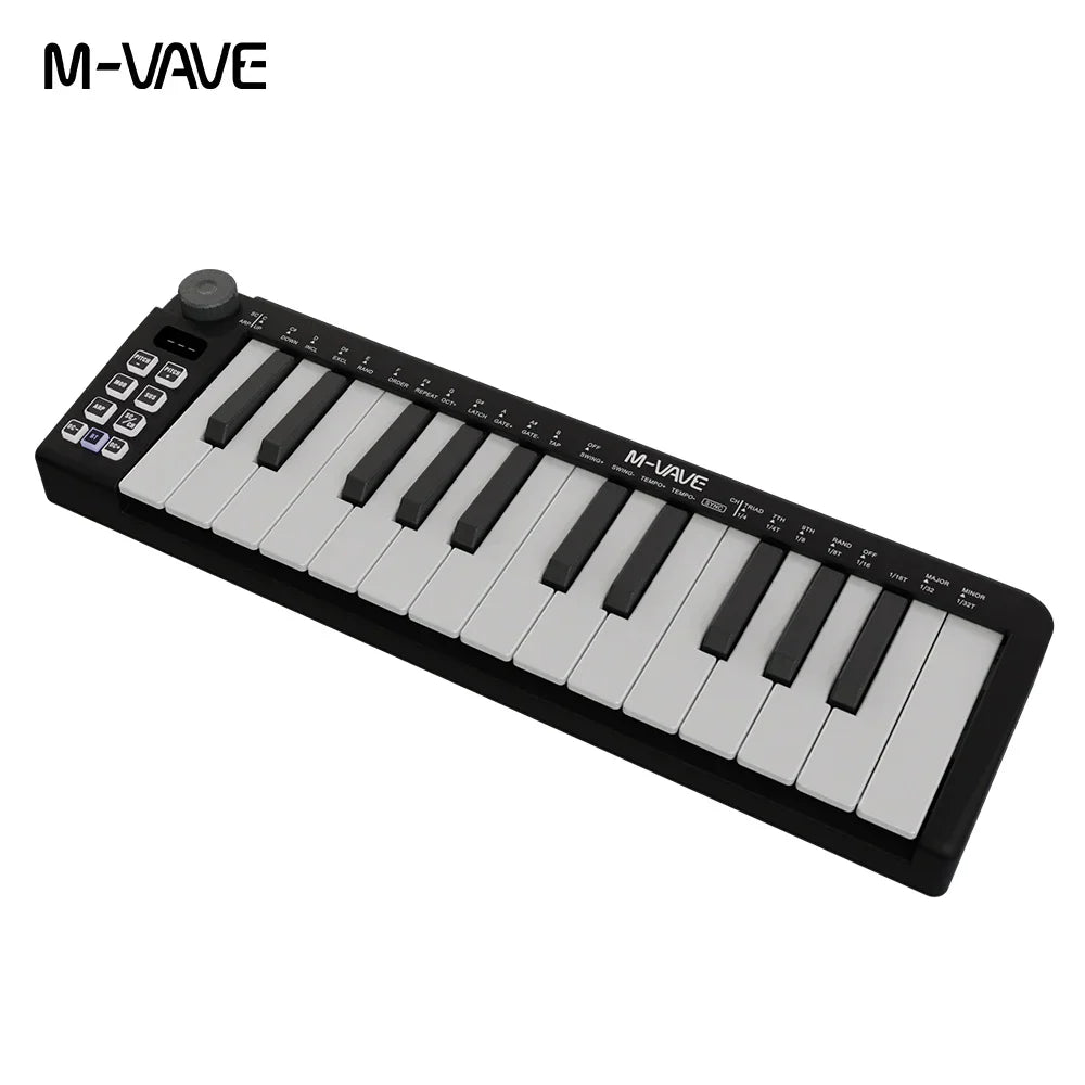 Black m-vave smk-25mini 24-key keyboard instrument rechargeable with white and black piano-style keys mini portable usb controller