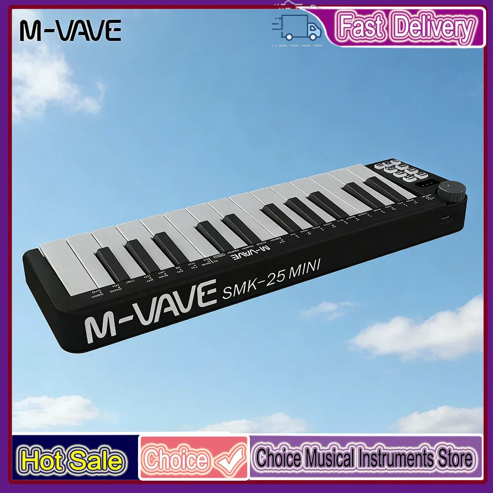 Black m-vave smk-25mini keyboard instrument rechargeable with 25 white and black keys mini portable usb controller