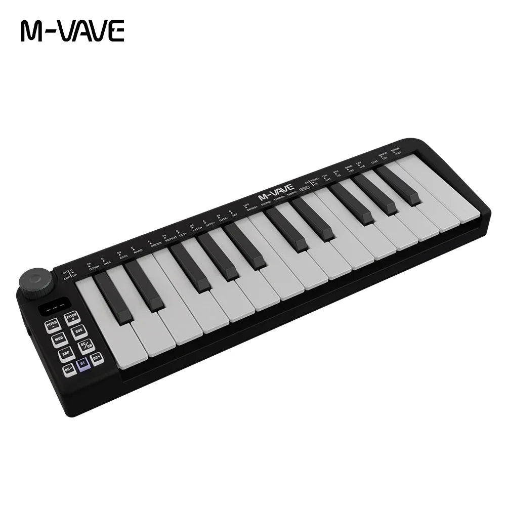 Black m-vave smk-25mini 25-key midi keyboard instrument rechargeable with white and black keys mini portable usb controller