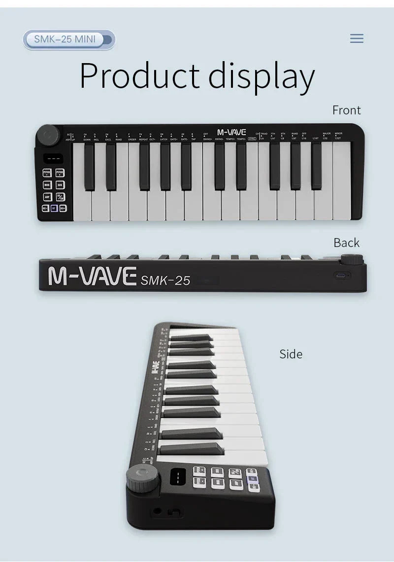 Black m-vave smk-25mini keyboard instrument rechargeable with 25 white and black piano keys and mini portable usb control knob